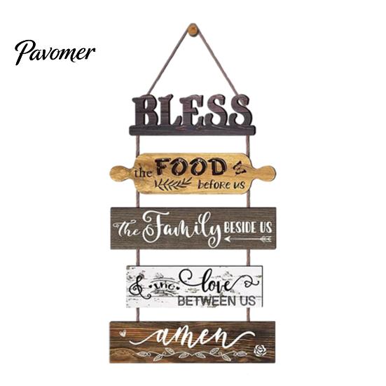 Kitchen Wall Plaque with Rope Wooden Decor, 5 Panel Bless Food Family Love Farmhouse Style Decor Hanging Sign, Art for Dining Room Living Splicing