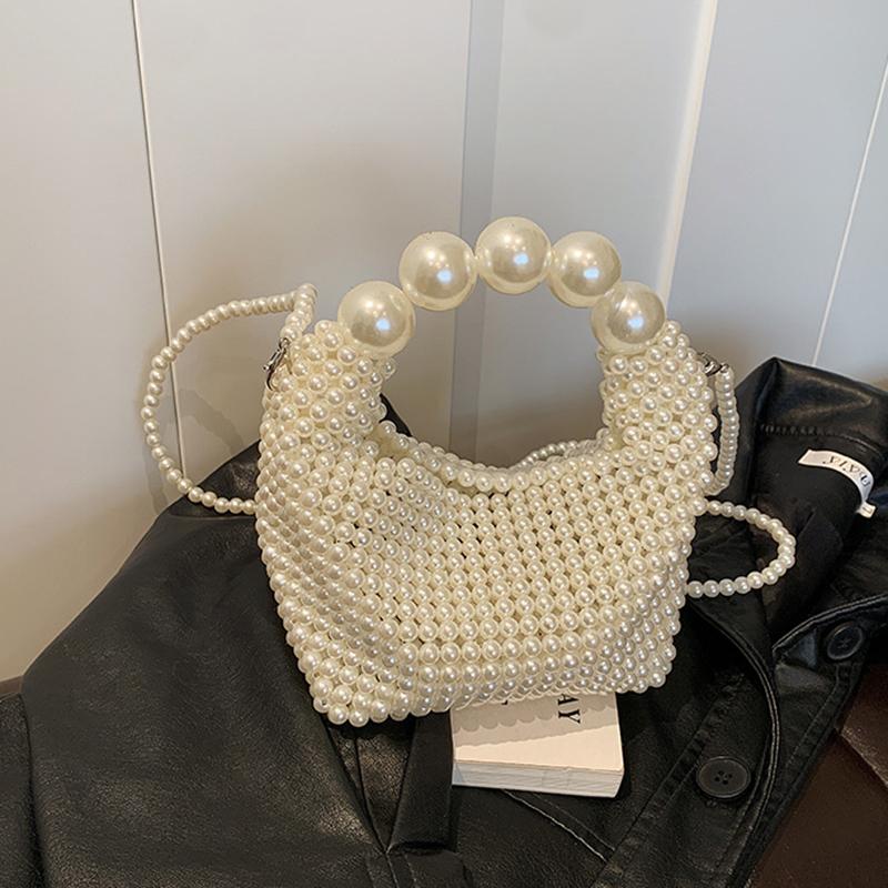 Luxury Pearl Beading Woven Handmade Hobo Bag Fashion Women Handbag Evening Bag Wedding Party Shoulder Crossbody Bag