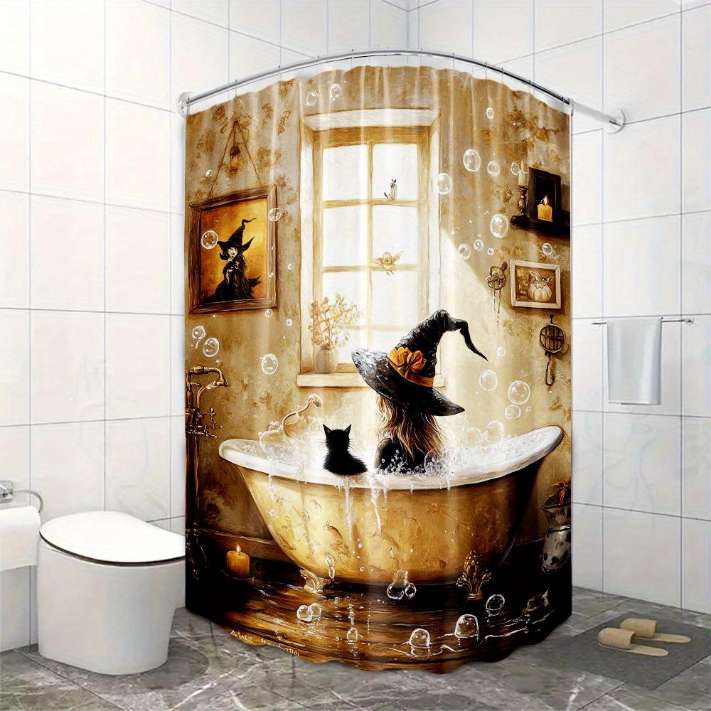1pc Witch and Cat Bathtub Scene Shower Curtain - Mysterious Halloween Theme with Magical Elements, Polyester Material