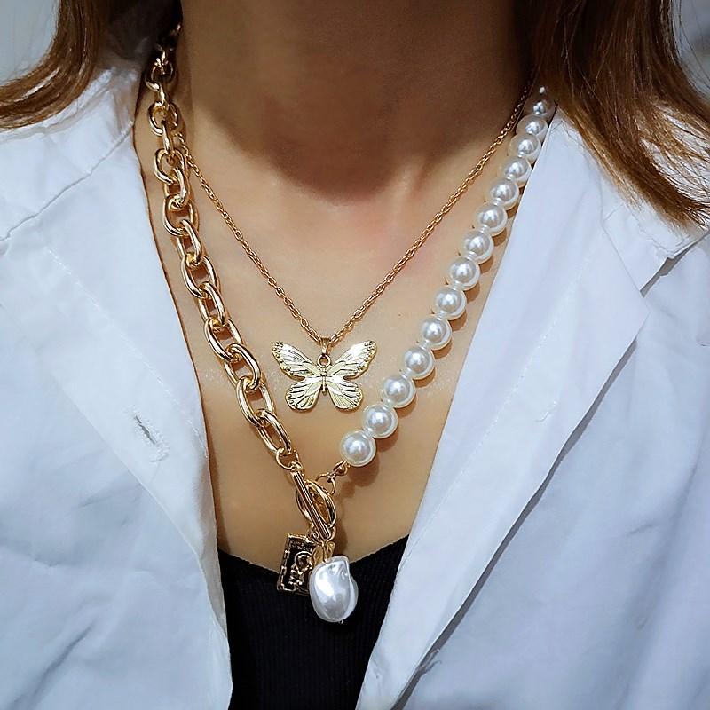 Fashion Chain Pearl Necklace For Women Baroque Pearl Metal Charm Pendant Necklaces Choker Snake Chain Zircon Gold Copper Color