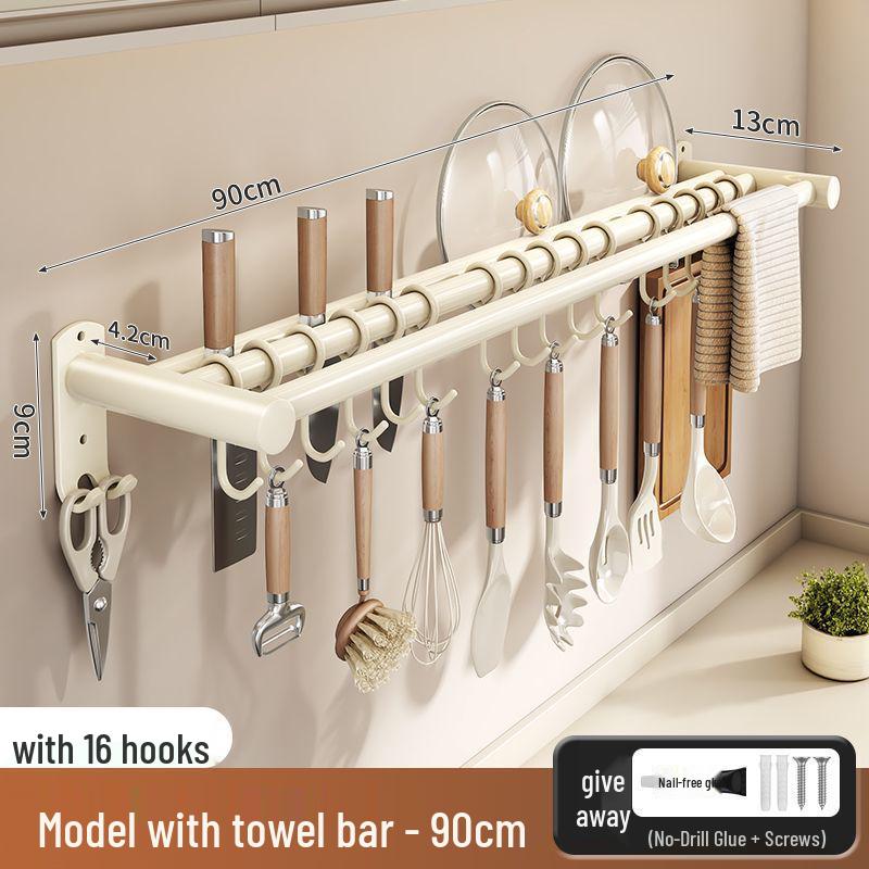 Stainless Steel Wall-Mounted Kitchen Hook & Pot Lid Rack with Knife Holder.