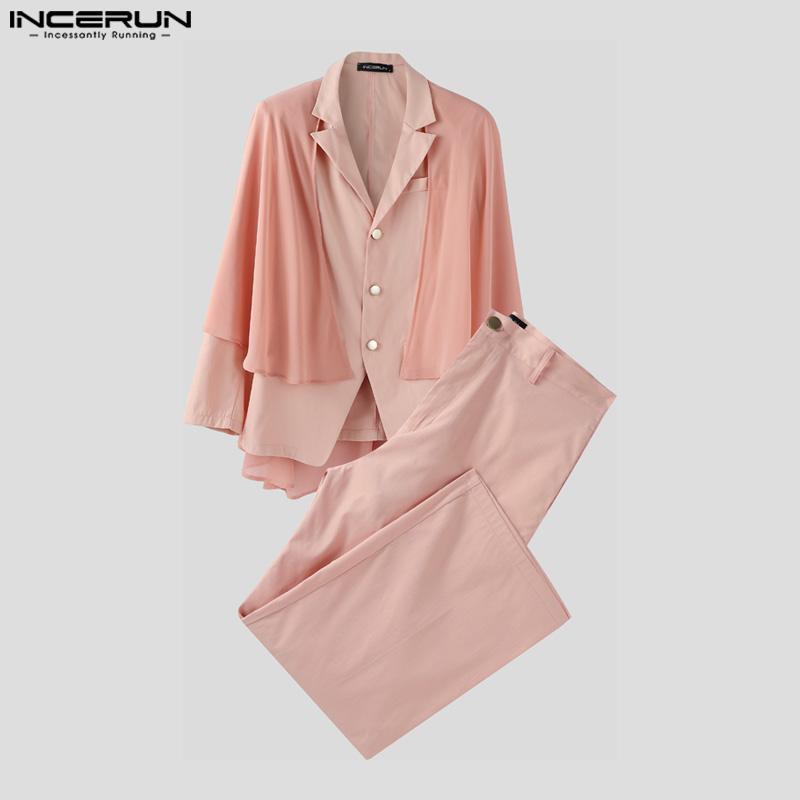 INCERUN Men Sets Lapel Long Sleeve Mesh Cloak Blazer Long Suit Pants Two Pieces Outfits