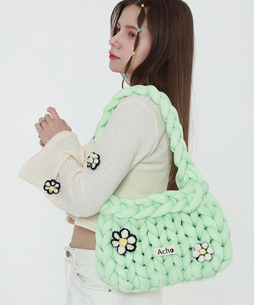 Acho Daisy Knitted Pompon Shoulder Bag_Mint