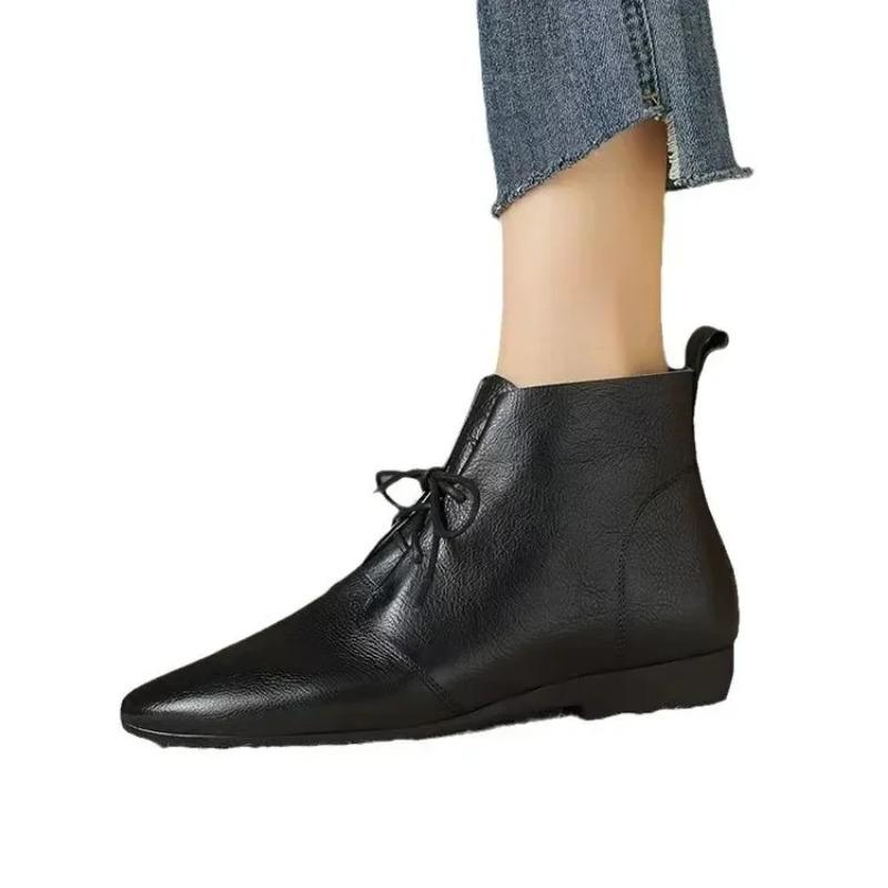 Fashion Hot Selling Retro Pointed Toe Lace-up Boots for Women Low-heeled 2025 New Style and Bare Boot Comfortable Soft Leather Versatile