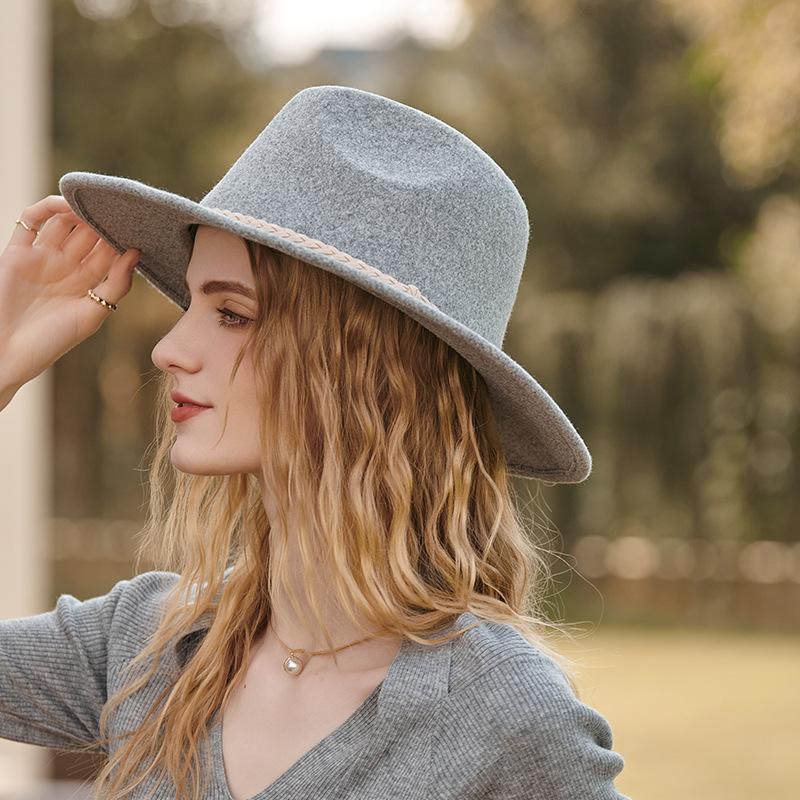British Jazz Hat Grey Knot Decorative Wool Hat Large Brim Autumn and Winter Elegant Hat