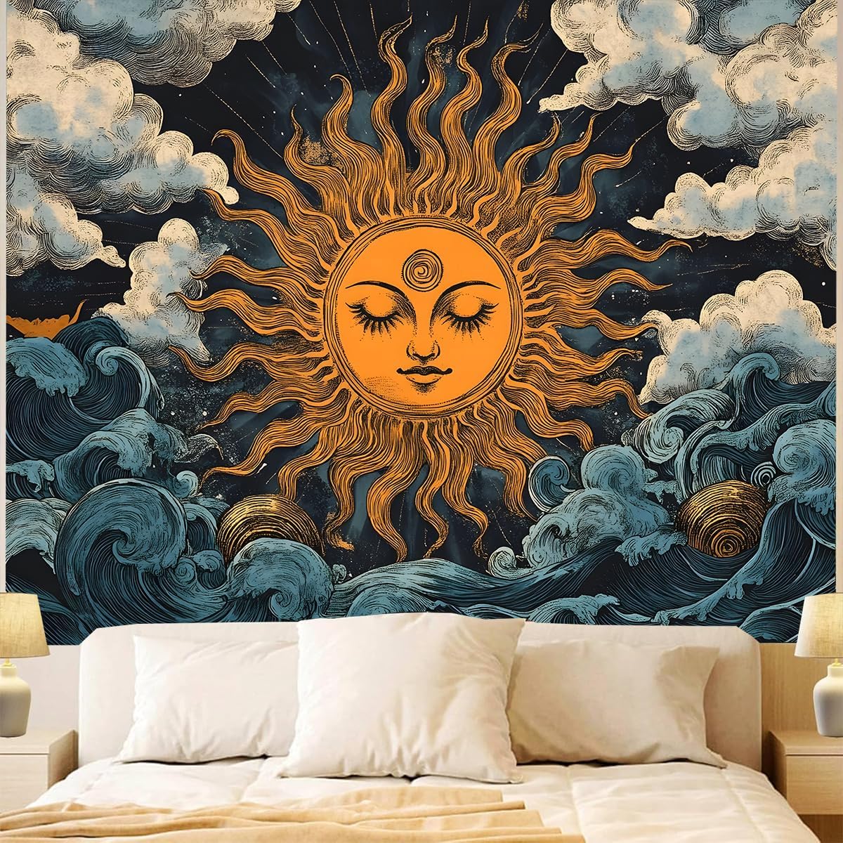 FENDROM Hippie Burning Sun Tapestry Wall Hanging for Bedroom Aesthetic,Vintage India Boho Sunflowers Clounds Constellation Tapestries for Bedroom Livi 100X70CM