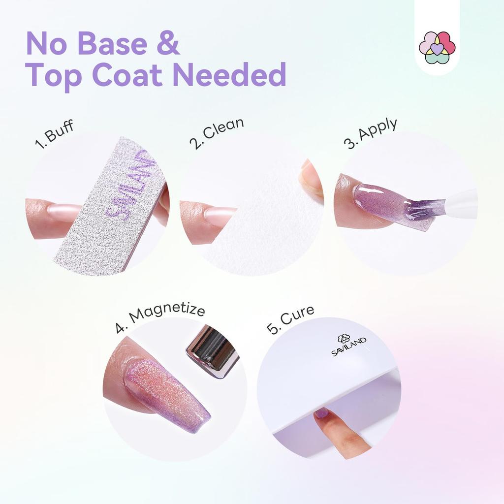 SAVILAND Cat Eye Gel Nail Polish Pen Salon for Home 6 Colors One-Step Set, 3-in-1 Portable, Magnetic, Quality, & Travel,