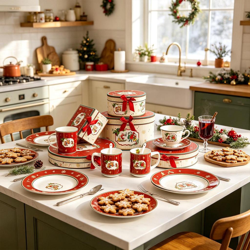Festive Ceramic Christmas Tableware & Tea Set with Decorative Ornaments