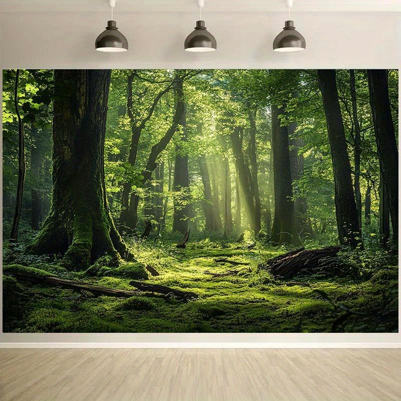 Background of large trees and leaves lush green leaves a forest under the bright sunlight and trees covered with moss (as the picture,100x150cm)