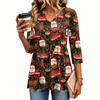 Women's Casual V-Neck Three-Quarter Sleeve Christmas Print Blouse for Holiday Party
