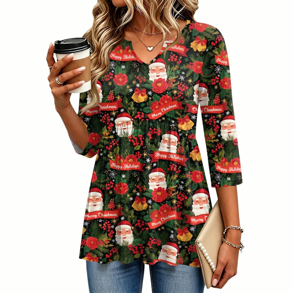 Women's Casual V-Neck Three-Quarter Sleeve Christmas Print Blouse for Holiday Party