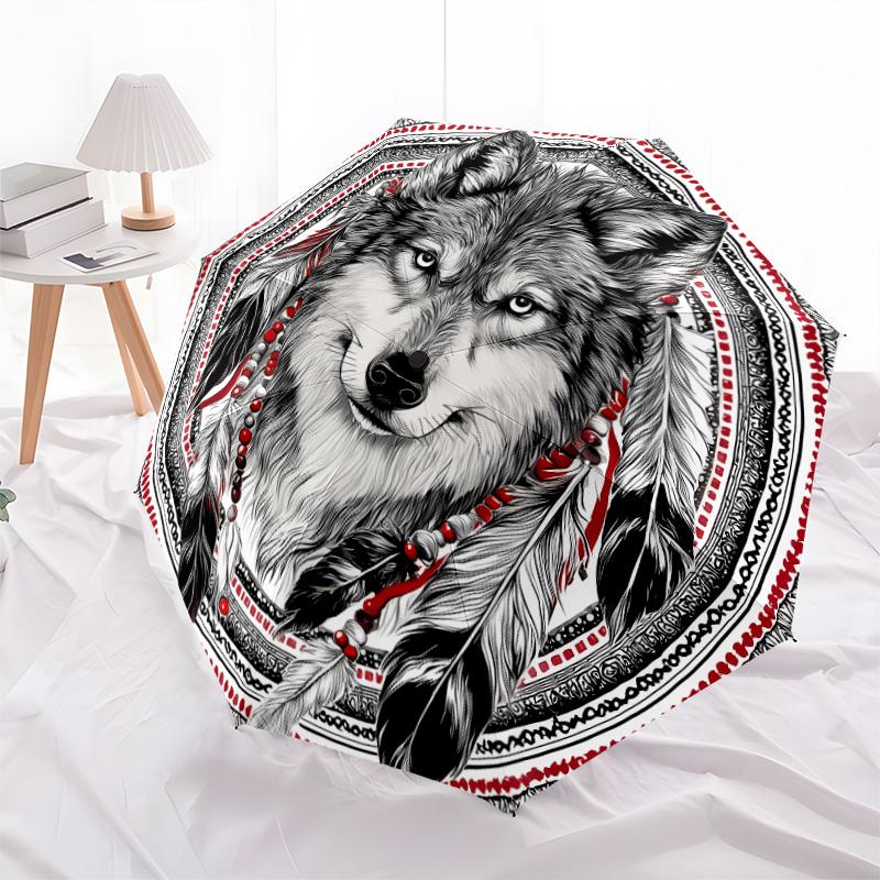 Indian - Style Wolf Pattern, Automatic Folding Umbrella, Portable and Foldable Design, 8 Ribs, a Christmas or Birthday Gift.