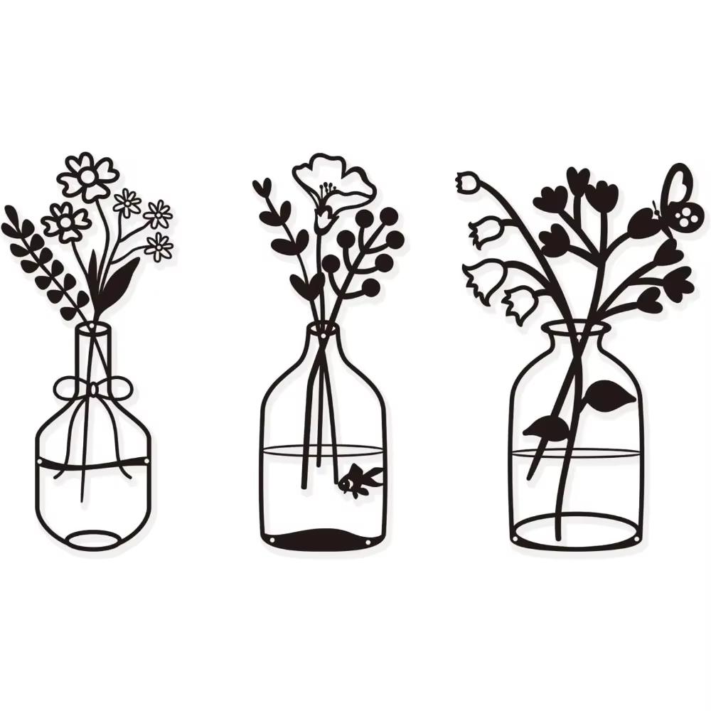 3 Pcs Black Metal Flowers Wall Decor - Metal Vase Wall Art. Hanging Metal Wall Sculptures for Indoor Spaces Like Kitchen