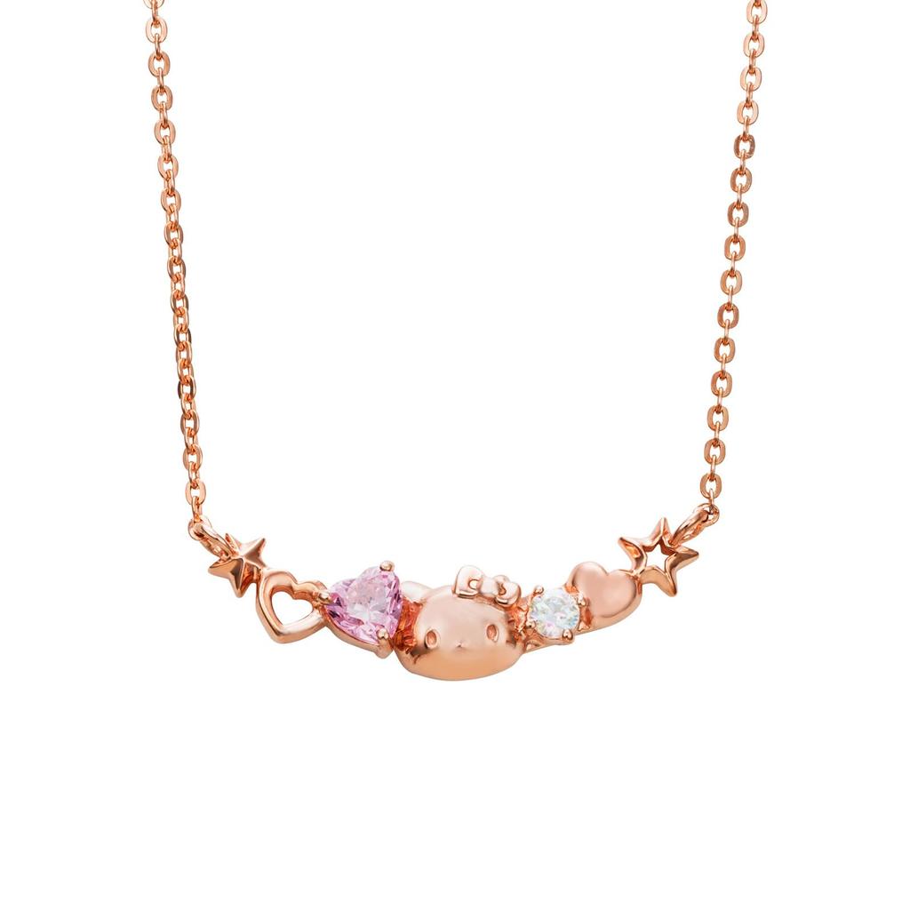 White Clover Hello Kitty 50th Sanrio Silver Cubic Double Necklace, Anniversary, Characters, 925, Zirconia, Heart, Star, Hanging, V-Shape, Pink,