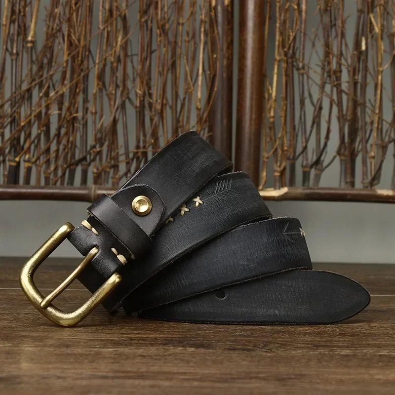 

3,3 см чистая коровья натуральная кожа для мужских джинсов высокого качества ремни с латунной пряжкой ковбойский пояс мужской модный дизайнер 125cm чёрный