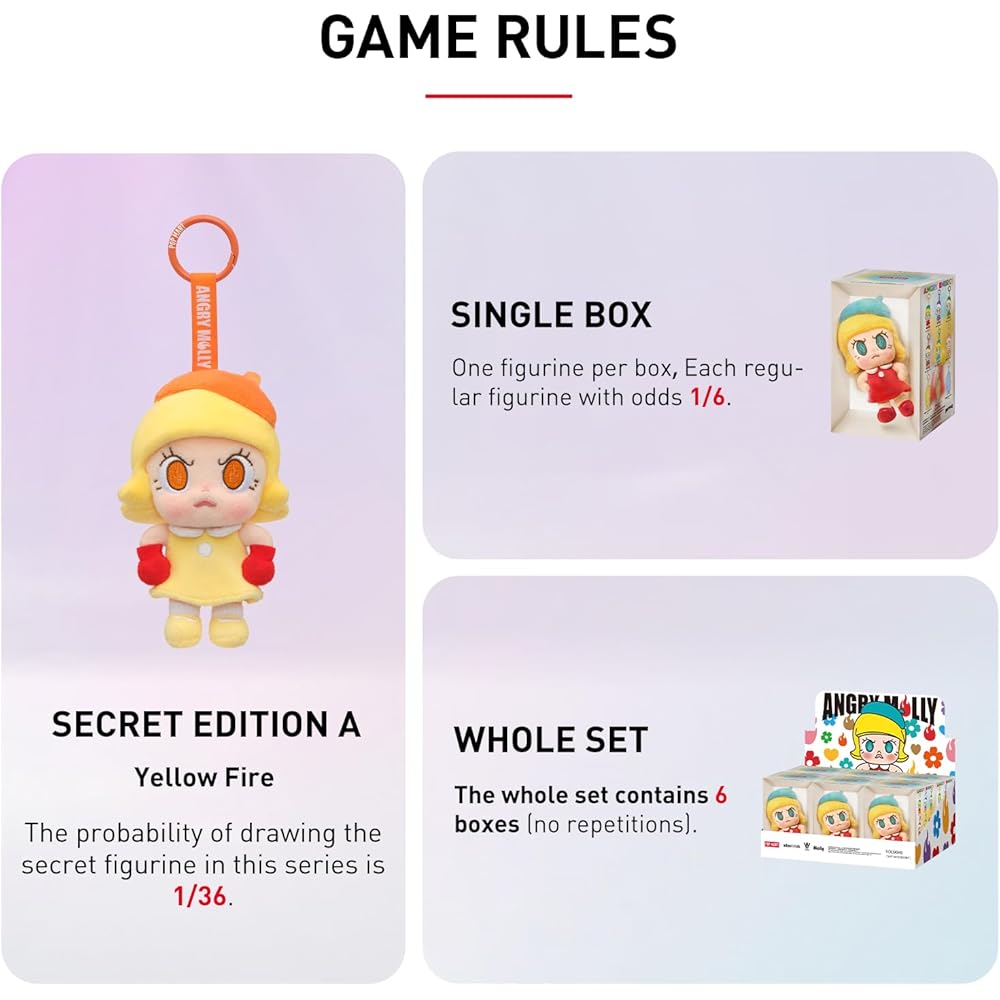 Pop Mart Angry Molly Plush Pendant Assorted Box 6 Pieces Soft Vinyl Toy Collectible Figure