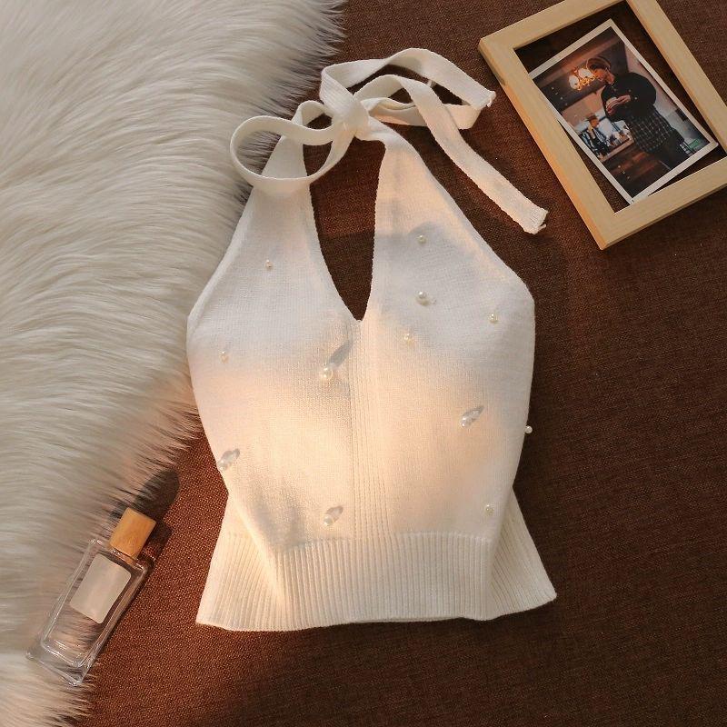 Women's Slim-Fit French Beadwork Halter Tank Top: Stunning Knitted Off-Shoulder Summer Wear