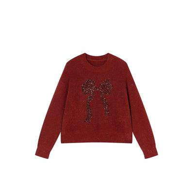 Xiangying Women's Red Sequin Bow Christmas Sweater