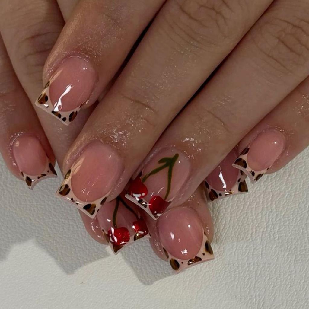 24x Leopard Print False Nail Fruit Artificial Nail French Tip Full Cover Stick On Nail Glossy Press On Nail for Woman