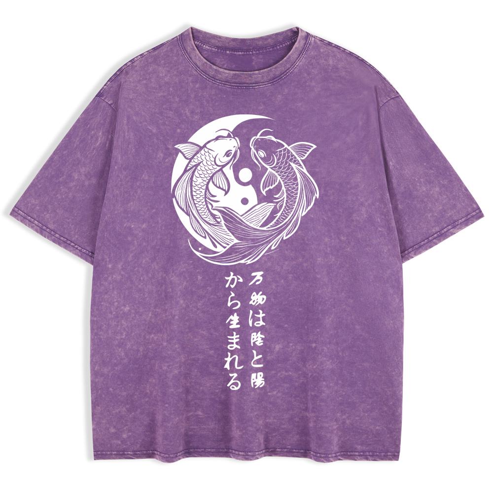 Japanese Koi Harajuku Printed Washed T-Shirts Mens Cotton Oversize T Shirt Summer O-Neck Short Sleeve Tops Clothes