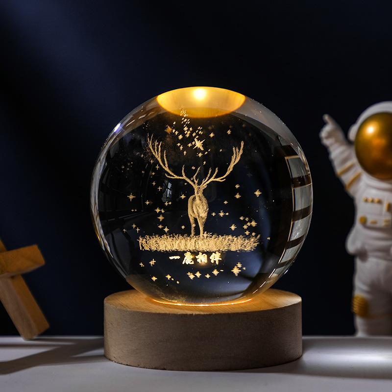 Y 3D Inner Engraving Crystal Ball with LED Base Santa Claus Deer Solar System Glass Ball Home Desktop Ornament Christmas Gift