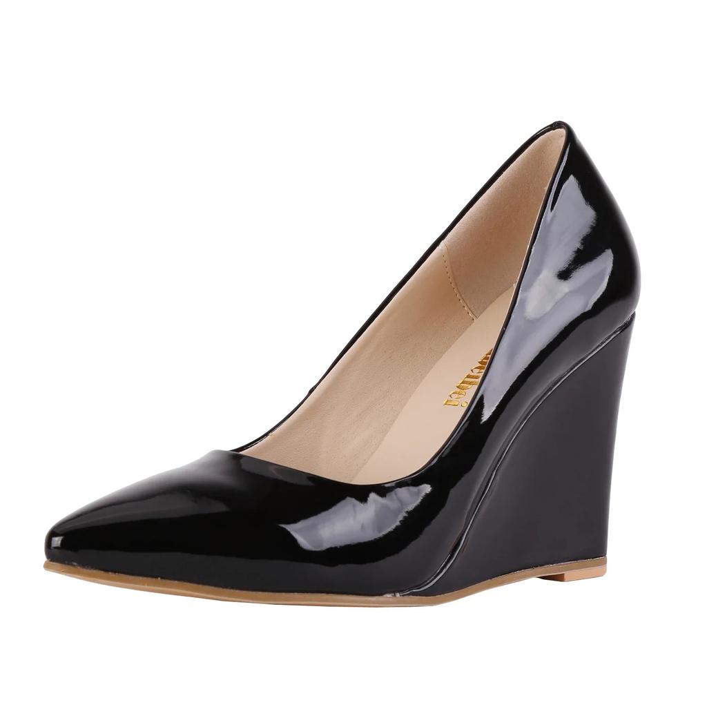Women Wedges Pumps Sexy Pointed Toe Ship-on Patent Leather High Heels Female Red Black Office Wedding Shoes Summer Autumn Ladies