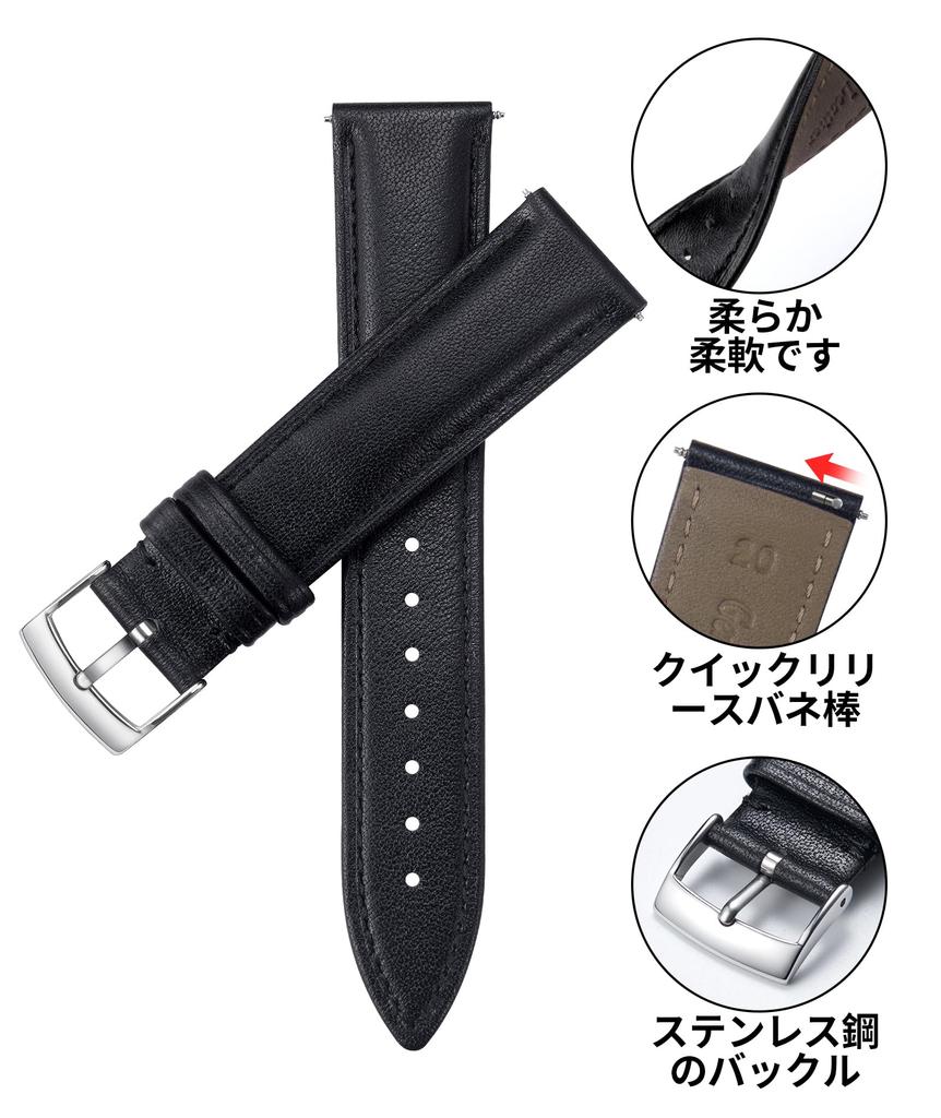 Lederarmband mit Schnellverschluss, Lederarmband, mehrfarbig, stilvolles Ersatzarmband, weich, atmungsaktiv, Unisex [BINLUN] (18 mm, Schwarz)