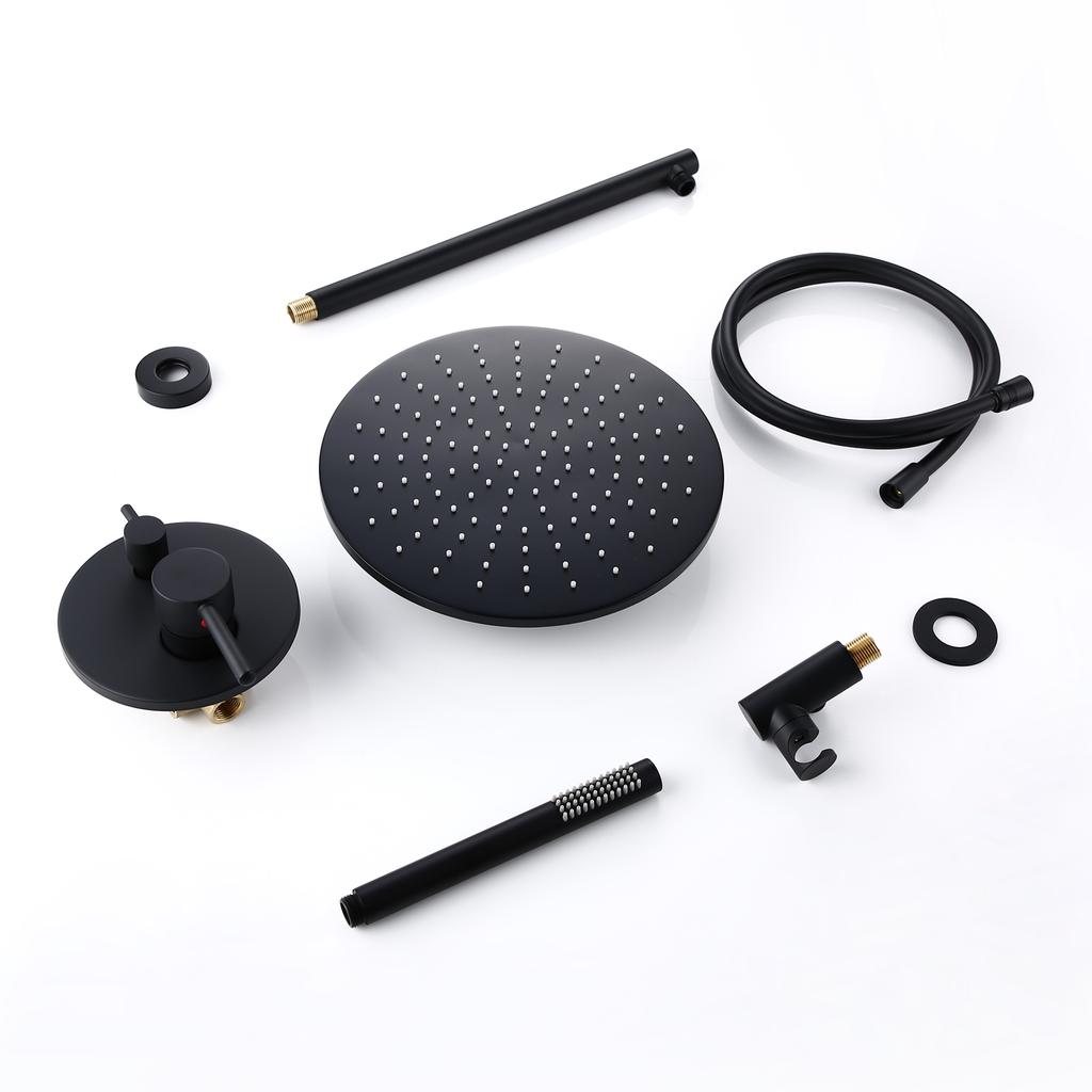 Black Shower System Set Bathroom Faucet Mixer Diverter Tap Brass Ceiling Or Wall Arm Handheld Spray With 8-16" Rian Head