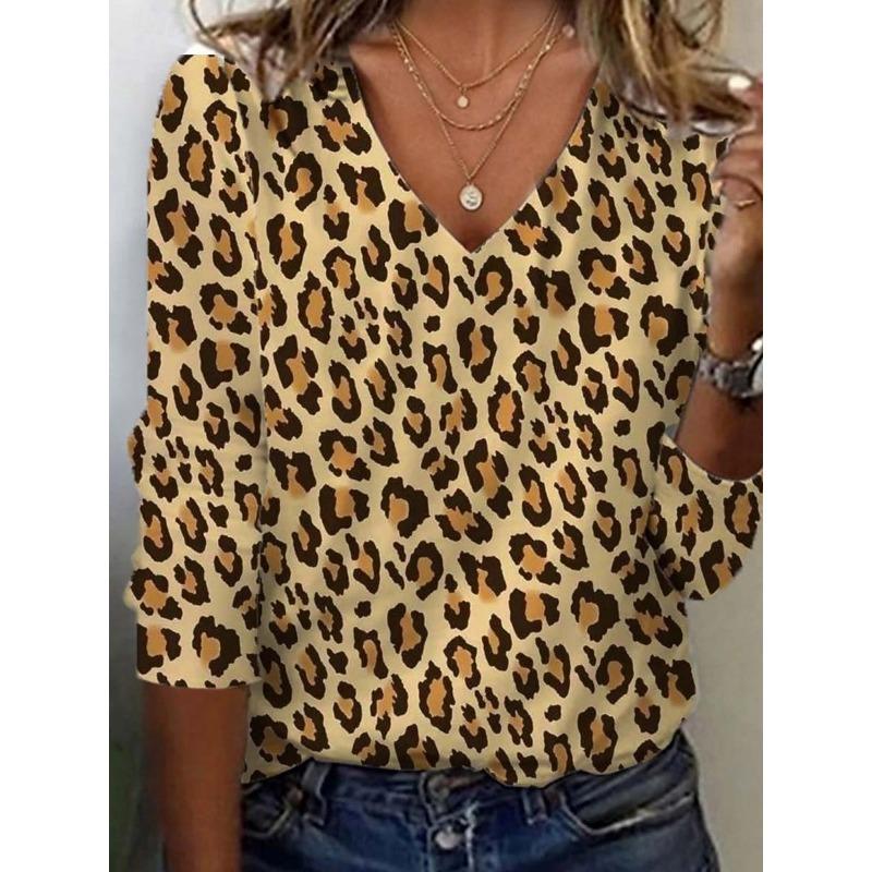 Women's Tunic T Shirt Print Graphic Leopard Color Block Vintage Stylish Casual Long Sleeve V Neck Regular Tops Daily Sports Weekend Blue Khaki Fall