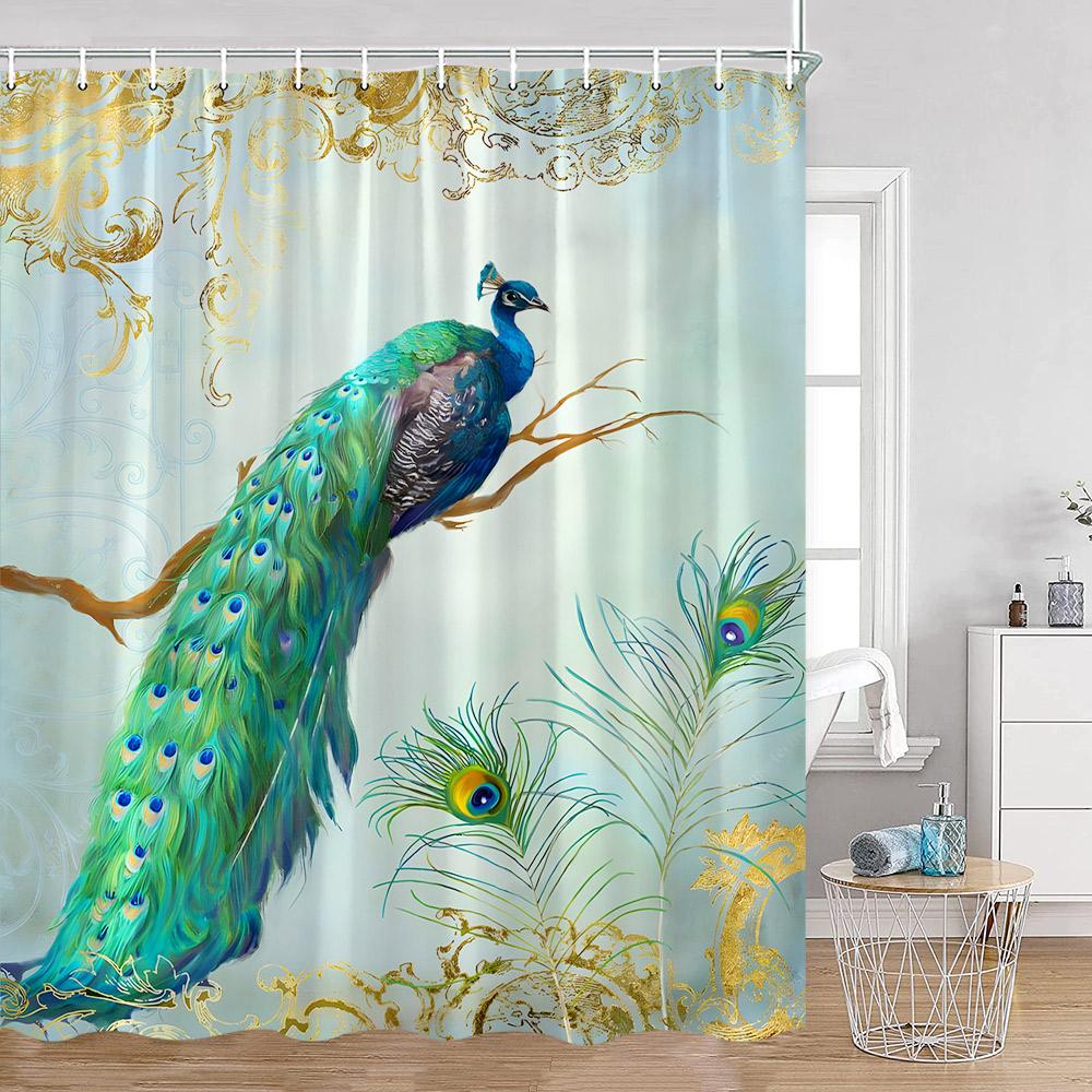 Peacock Shower Curtain Modern Oil Paniting Animals Flowers Plants Floral Bathroom Decor Elegant Fabric Bath Curtains with Hooks