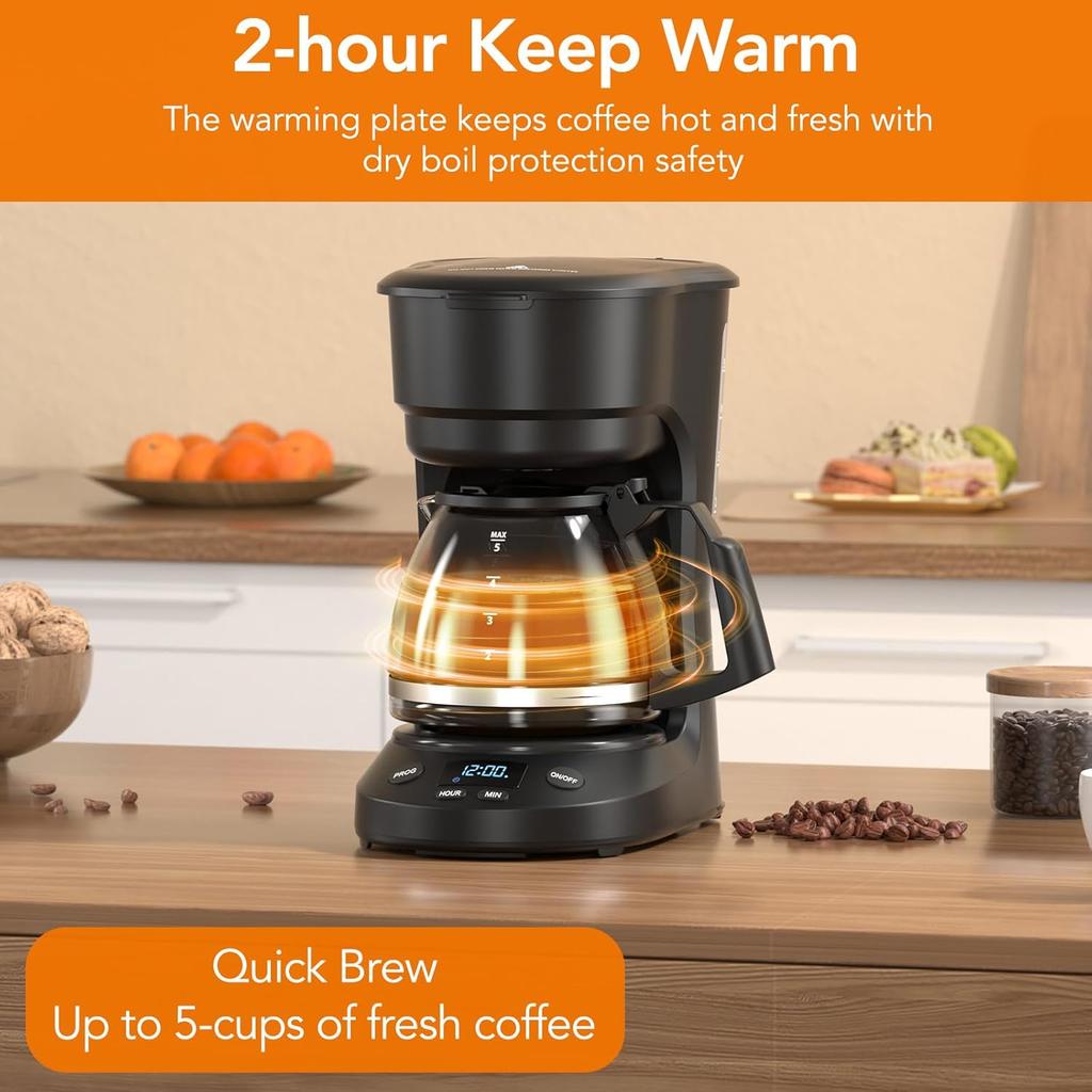 5-Cup Drip Coffee Maker, a Compact Coffee Machine with a Digital Clock and 24-hour Programmable Timer, Featuring Auto