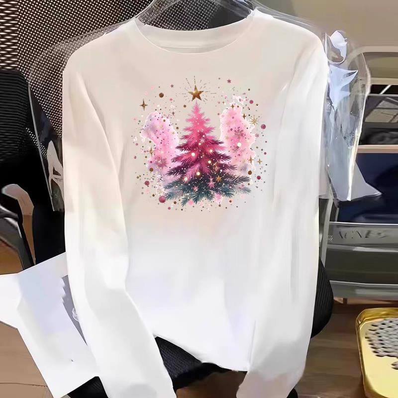 (Asian Size) Tree Watercolor Cute Graphic Tee Women Print T Shirt Christmas New Year Autumn Winter Casual Fashion Top Clothing Long Sleeve T-shirts