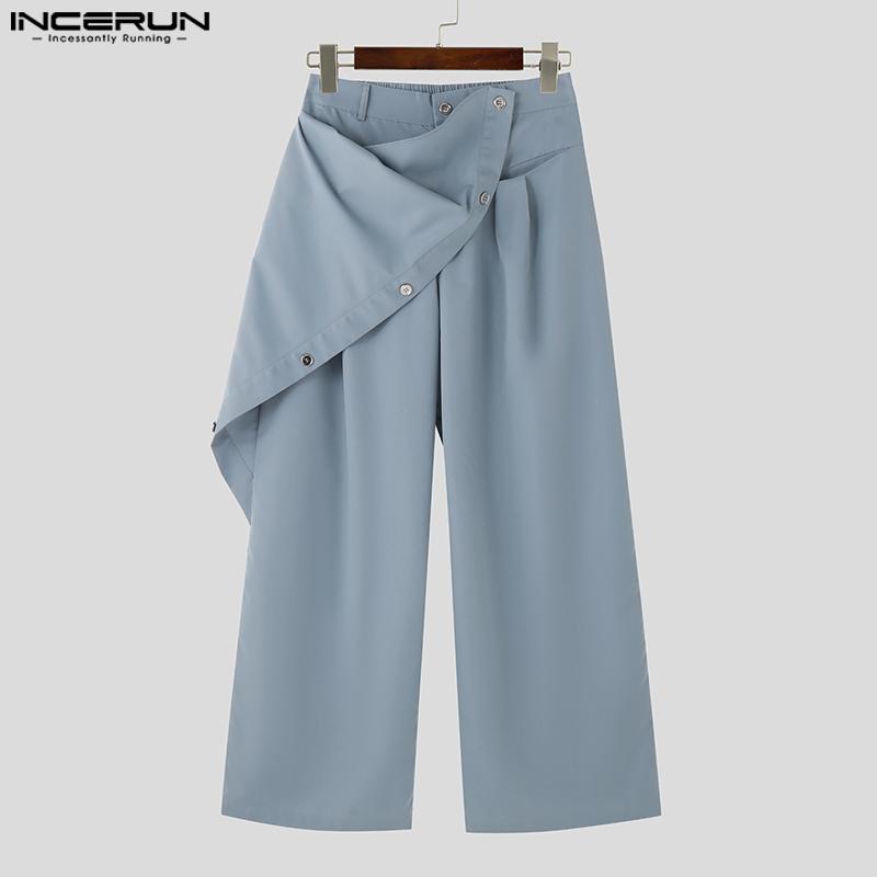 INCERUN Pantalon long décontracté à fermeture éclair et boutons pour hommes, pantalon à jambe large