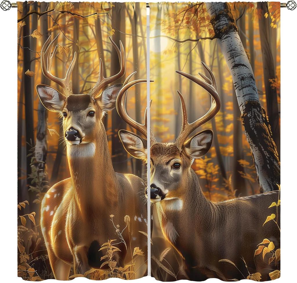 Farmhouse Deer Curtains Bedroom Vintage Rustic Fall Hunting River Cabin Elk Wildlife Window Drape Boys Girls Living Room Curtain For Sitting Polyester