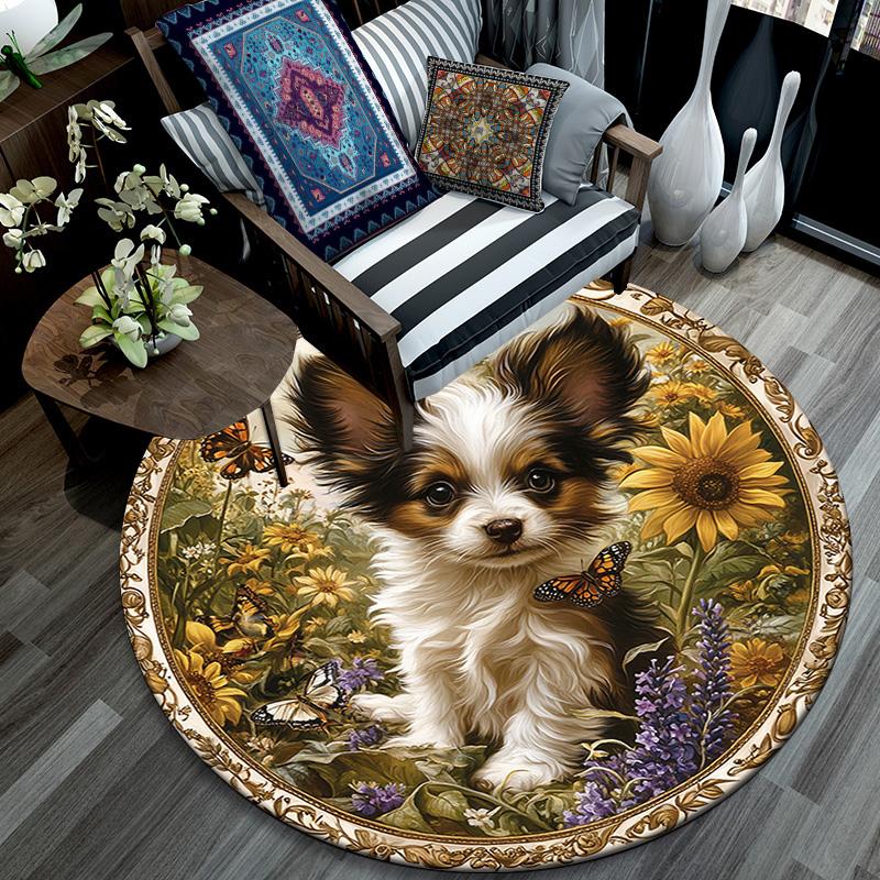 Puppy In Sunflowers Round Area Rug,Carpet Rug for Living Room Bedroom Sofa Playroom Decor,Non-slip Floor Mat