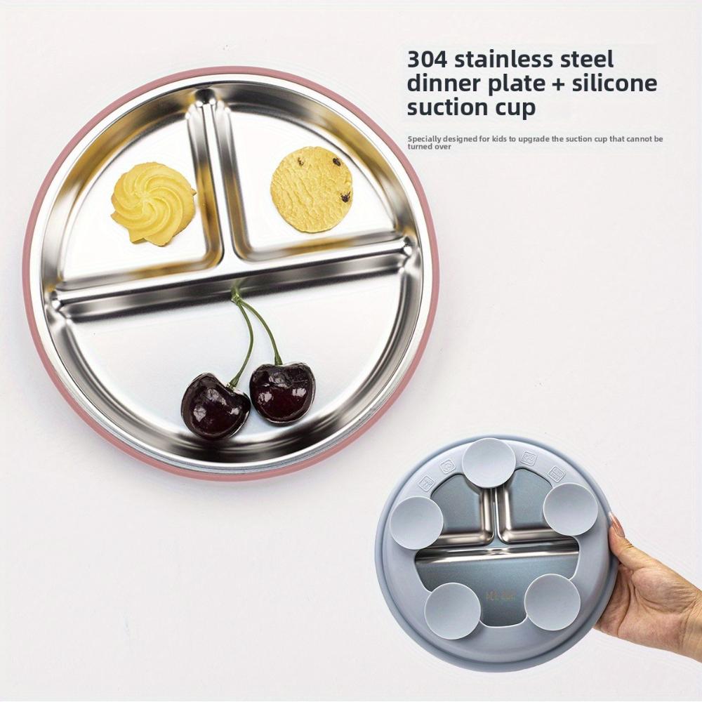 Round 304 Stainless Steel Divided Lunch Box 3 Grids Food Container For Kid Cute 3 Compartments Children's Silicone Dinner Plate