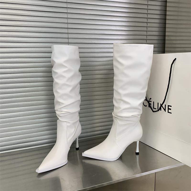 Summer 2025 New High-heeled Snake Pattern Pleated Stacking Boots Pointed Thin High-heeled Boots High Boots But Knee Boots