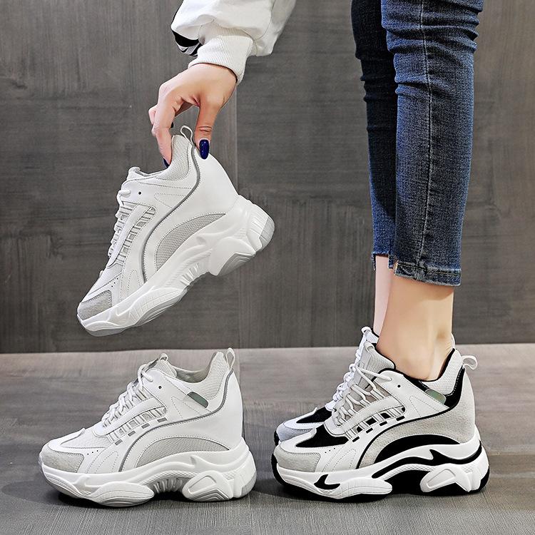 Fashion 2025 Platform Wedge Sneakers Chunky Shoes Dad Genuine Leather 9cm Heel Increased Height Vulcanized Shoes Boots