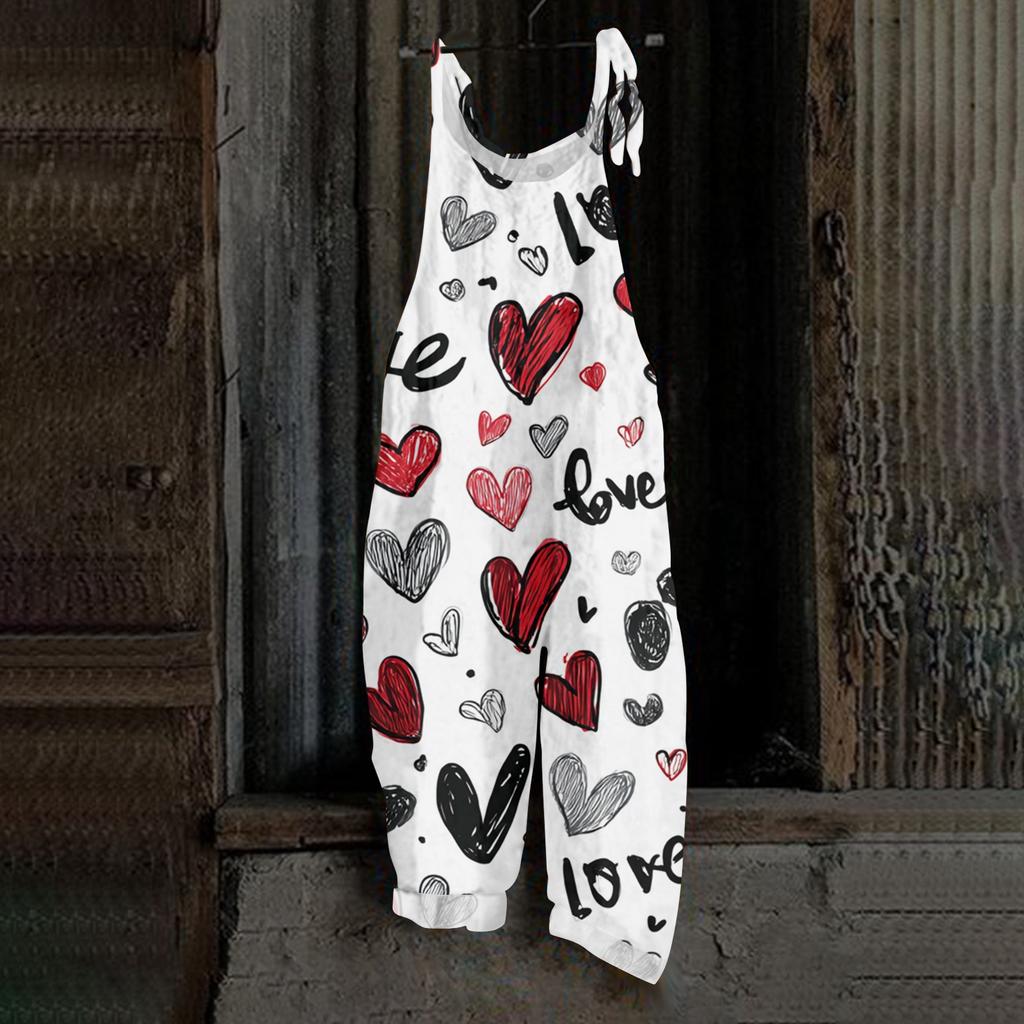 Damen Herzförmiger bedruckter lässiger lockerer Retro-Overall Baumwolle und Leinen Einteiler Hose