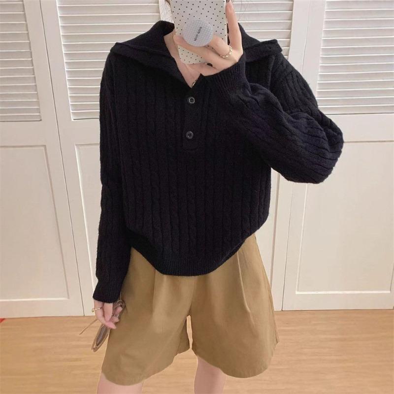 Retro twist lapel sweater women's top autumn and winter new lazy loose versatile temperament knitted sweater top