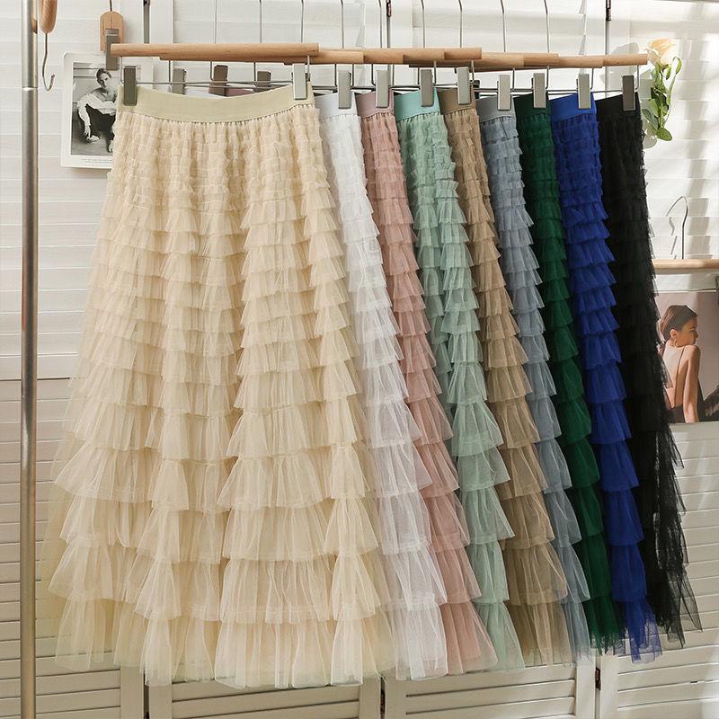 Women's Mesh Ruffle Midi Skirt - New Style Socialite Slimming Cake Skirt