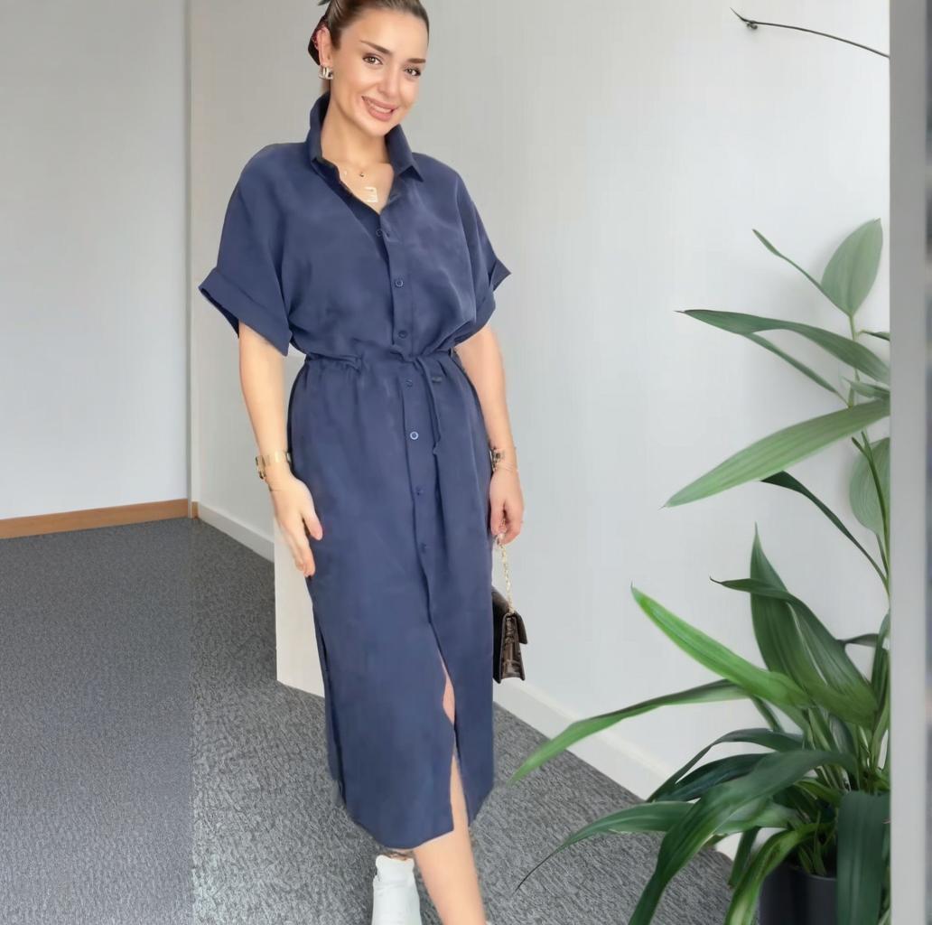 

2025 Summer Women s Slim-Fit Lapel Dress with Multi-Button Slit Large