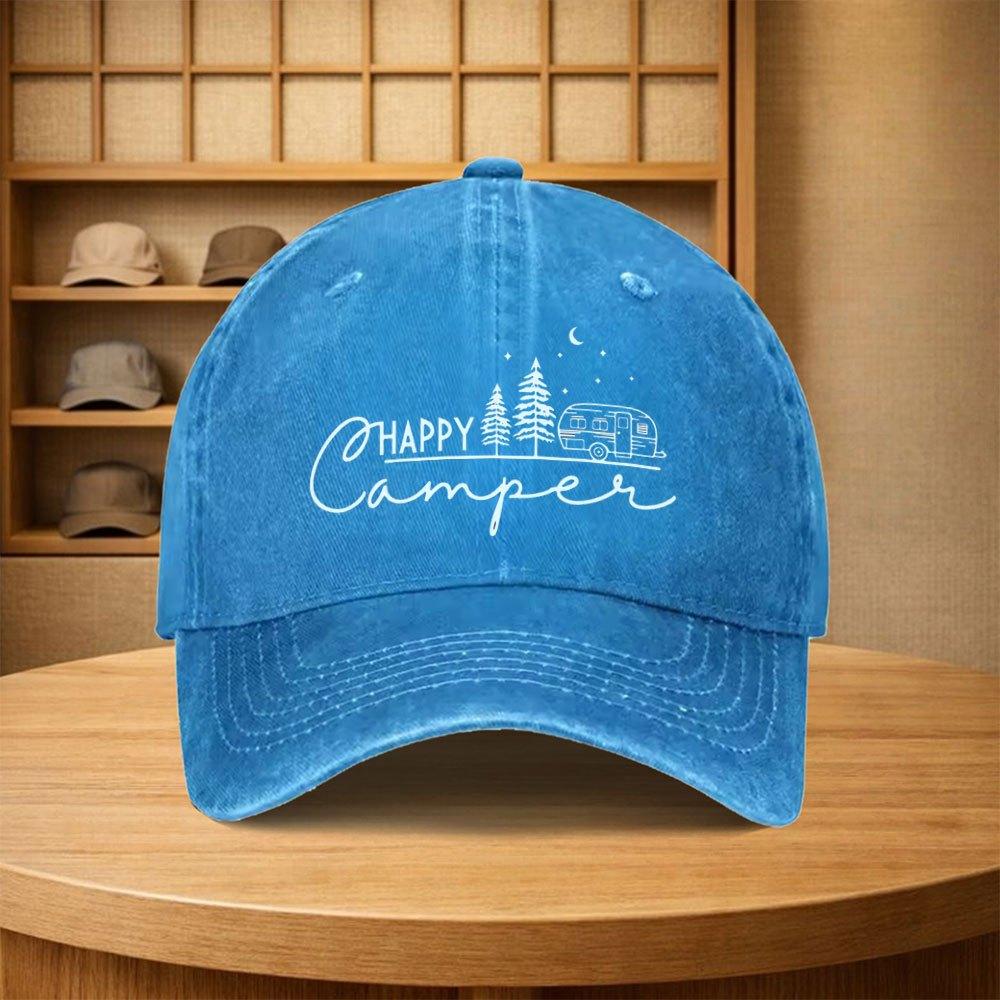 Vintage Happy Camper Baseball Cap Unisex Adjustable Cotton Hat for Camping Cycling Outdoor Family Parties