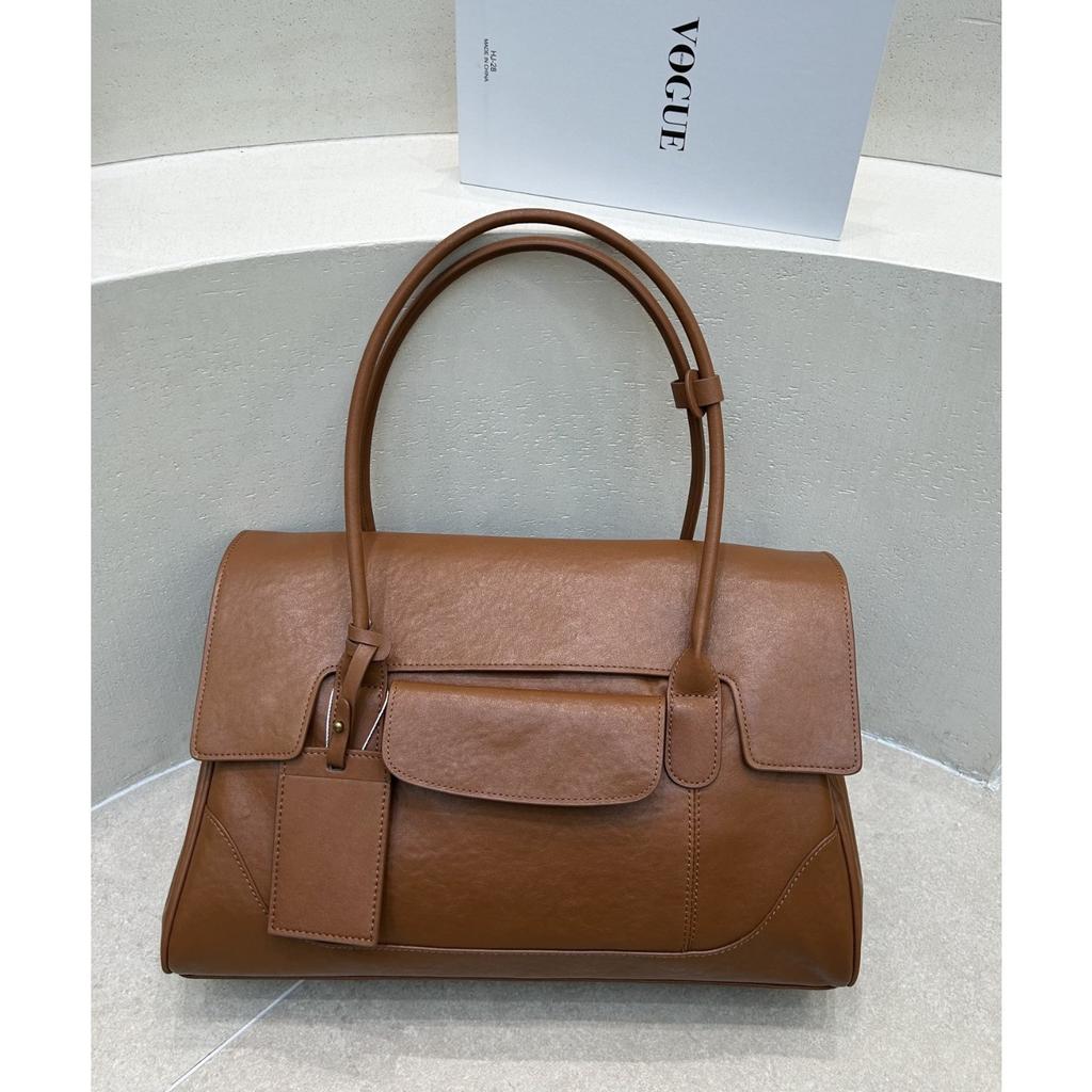 Niche Design Large Capacity Tote Document Handbag Shoulder First Layer Vegetable Tanned Cowhide Commuter Business