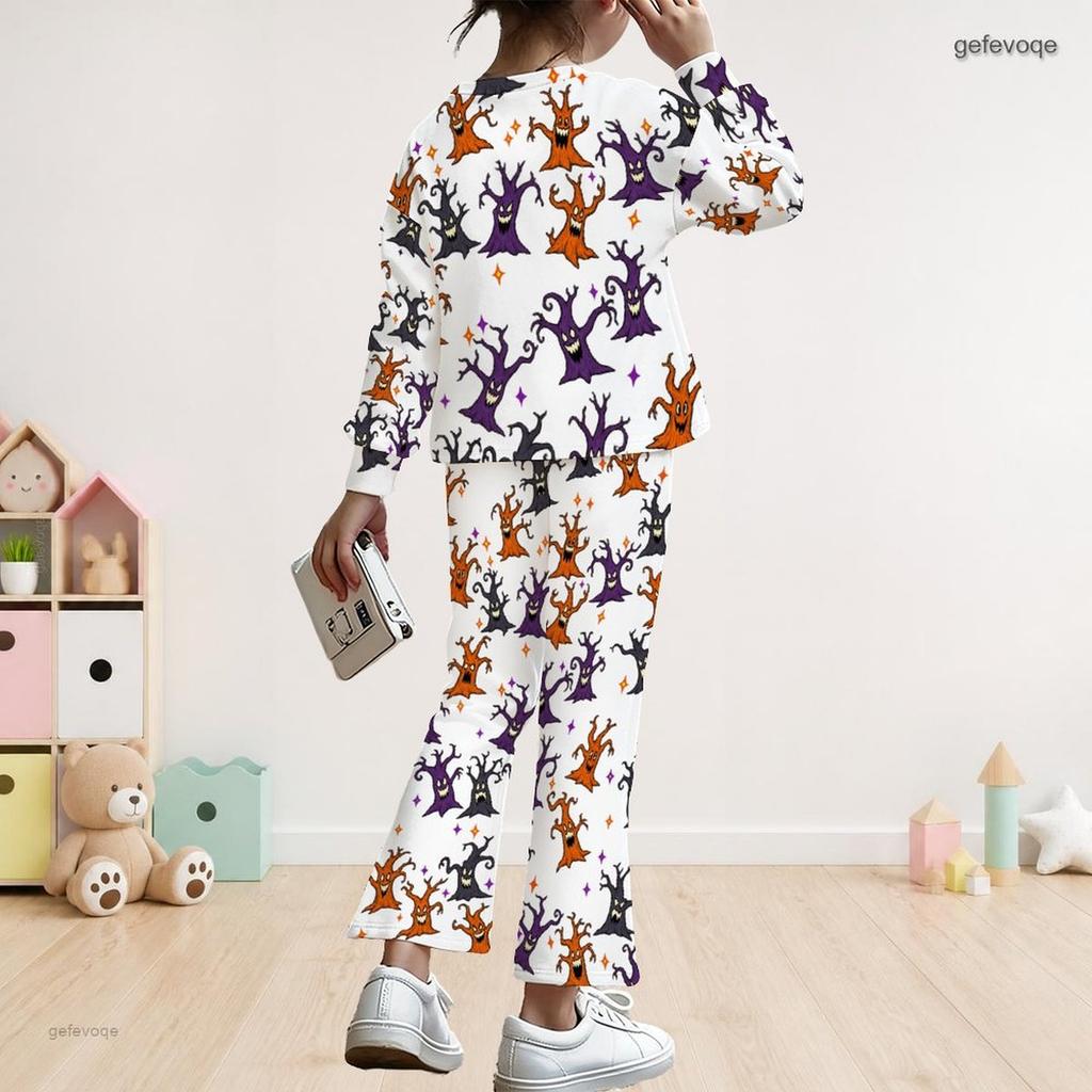 Dívčí bílý top s dlouhým rukávem a potiskem strašáka a zvonové kalhoty, neformální dvoudílný outfit