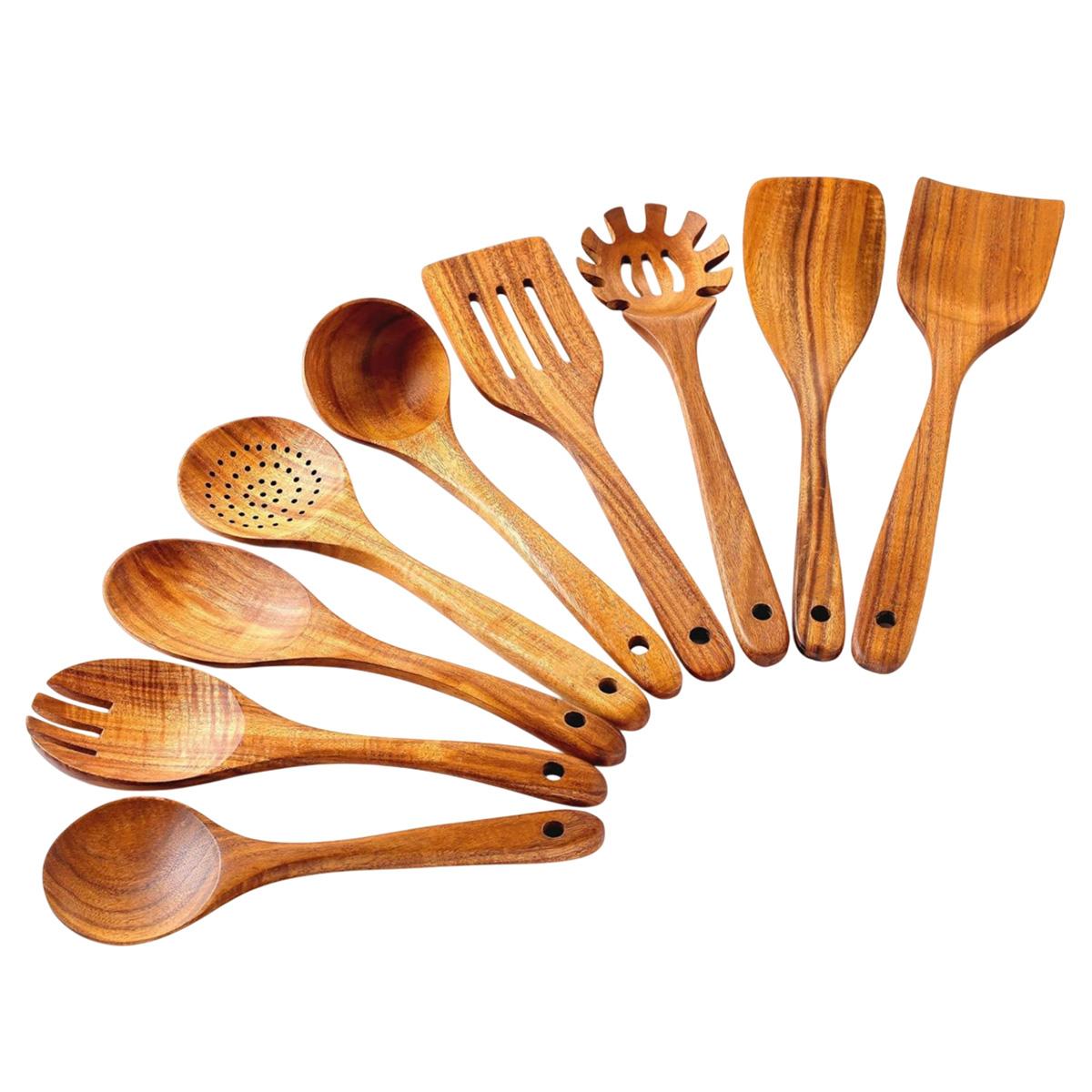 

9Pcs/Set Acacia Wood Kitchen Utensil Soup Spoon Spatula Skimmer Spoon Salad Fork Noodle Scoop Cooking Tools (BPA Free, No FDA)