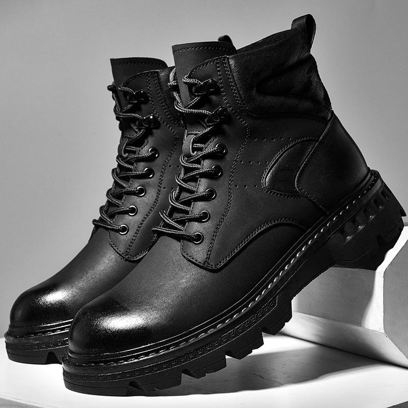 Herren Lederstiefel mit dicker Sohle, Martin-Stiefel, Winter-Werkzeugstiefel, lässige kurze Stiefel, High-Top-Lokomotiv-Herrenschuhe, Leder, rutschfest und verschleißfest