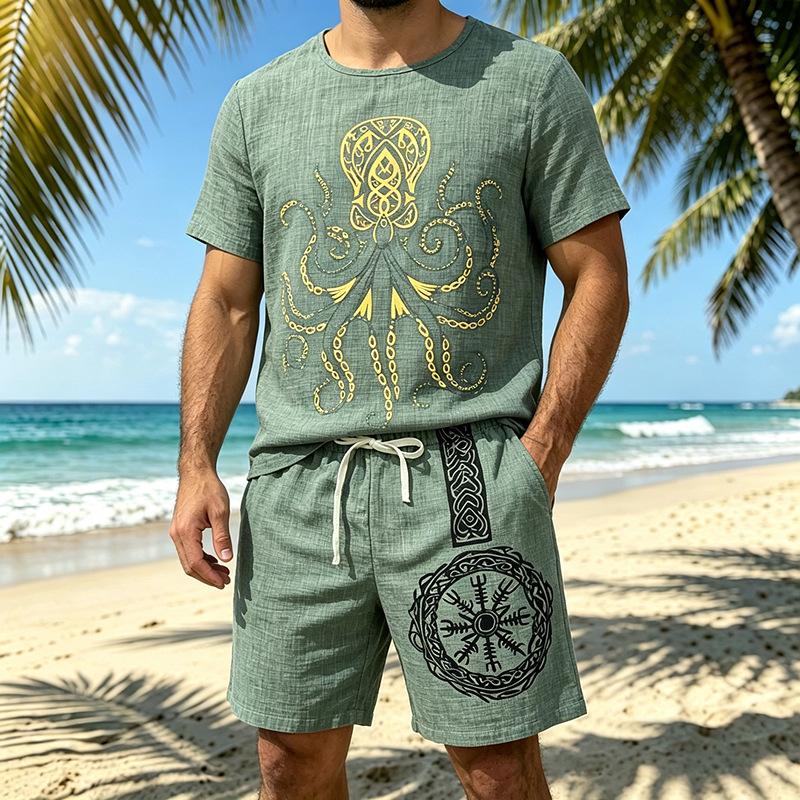 Men Viking Faith Octopus Print Loose Short Sleeve T Shirt And Shorts Two Piece Set