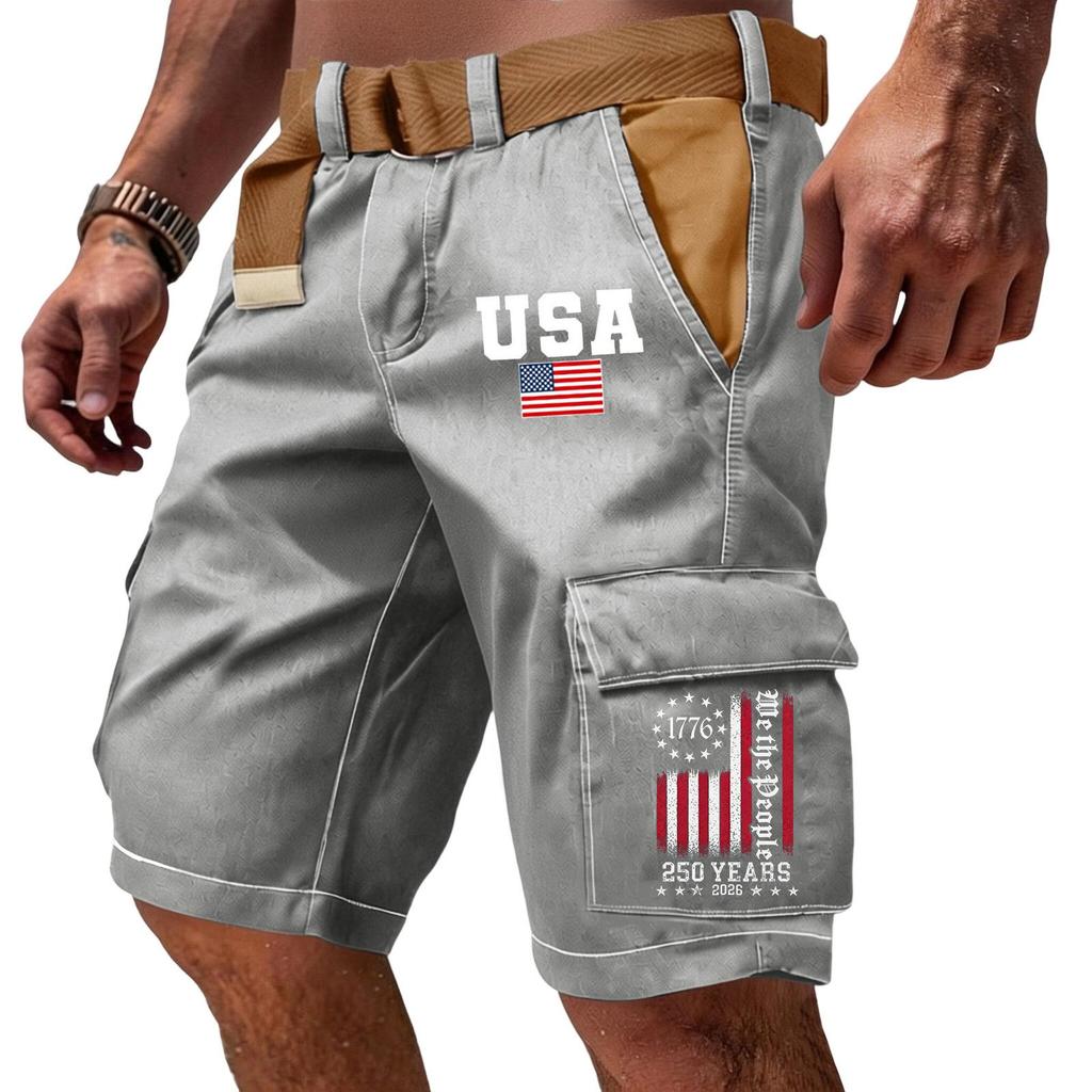 Men's Casual Multi Pocket Cargo Shorts with Flag and Lettering Print Adjustable Waistband Outdoor Workwear Shorts