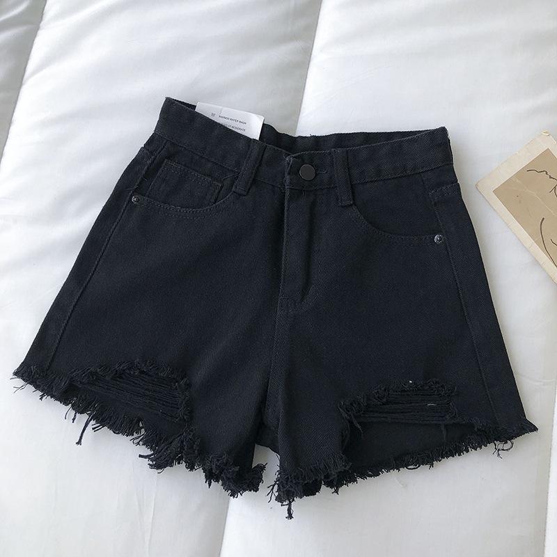 

Узкие модные универсальные джинсы женские летние тонкие свободные широкие брюки с рваными дырками из мешковины с высокой талией тонкие А-силуэта супер короткие брюки M чёрный